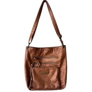 Cognac Brown Crossbody Bag Embossed Faux Leather Boho Western Stone Mountain